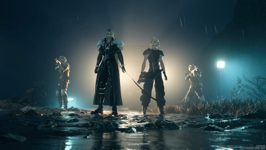 FINAL FANTASY VII REBIRTH. Sephiroth und Cloud stehen gemeinsam mit zwei Shinra Fußsoldaten auf einem nächtlichen Weg.  