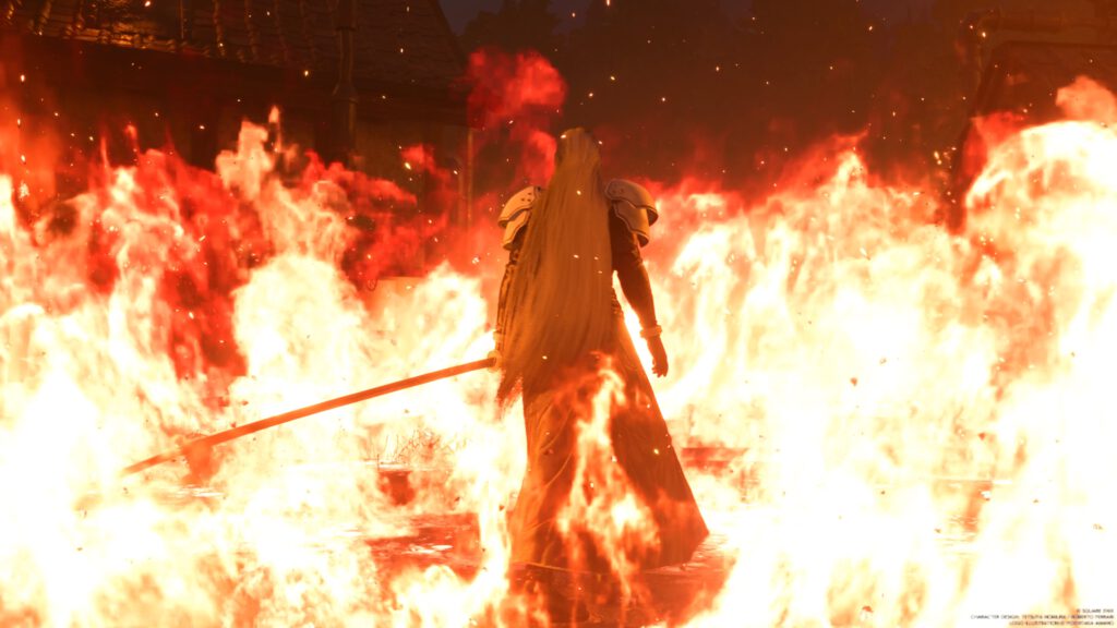 FINAL FANTASY VII REBIRTH. Sephiroth steht in den Flammen des zerstörten Nibelheims und dreht sich weg.