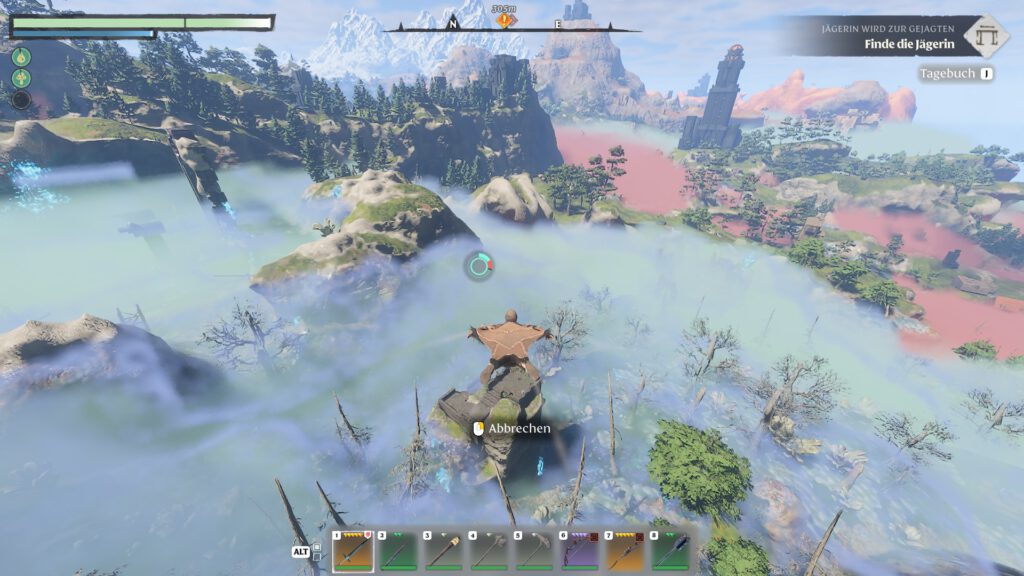 Die Spielfigur in Enshrouded fliegt mit dem Gleiter über ein Miasma verhangenes Tal.