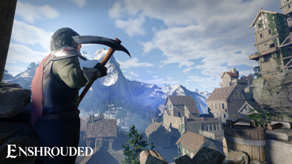 Charakter aus Enshrouded hält seine Spitzhacke in der Hand und schaut auf eine Burgruine unter blauem Himmel.