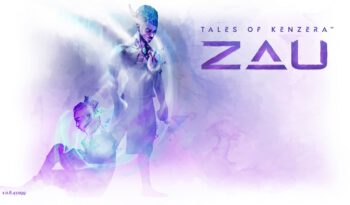 Titelbild von Tales of Kenzera: ZAU. Links steht Zau, an seinem Bein lehnt Zuberi und liest ein Buch. Rechts oben in der Ecke steht der Titel des Spiels.